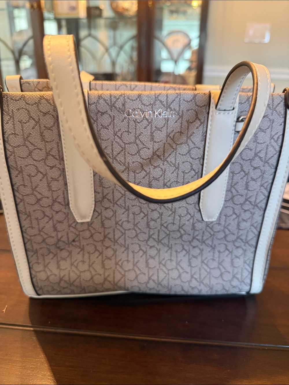 Calvin Klein Light Gray Monogram Tote with Cream Trim